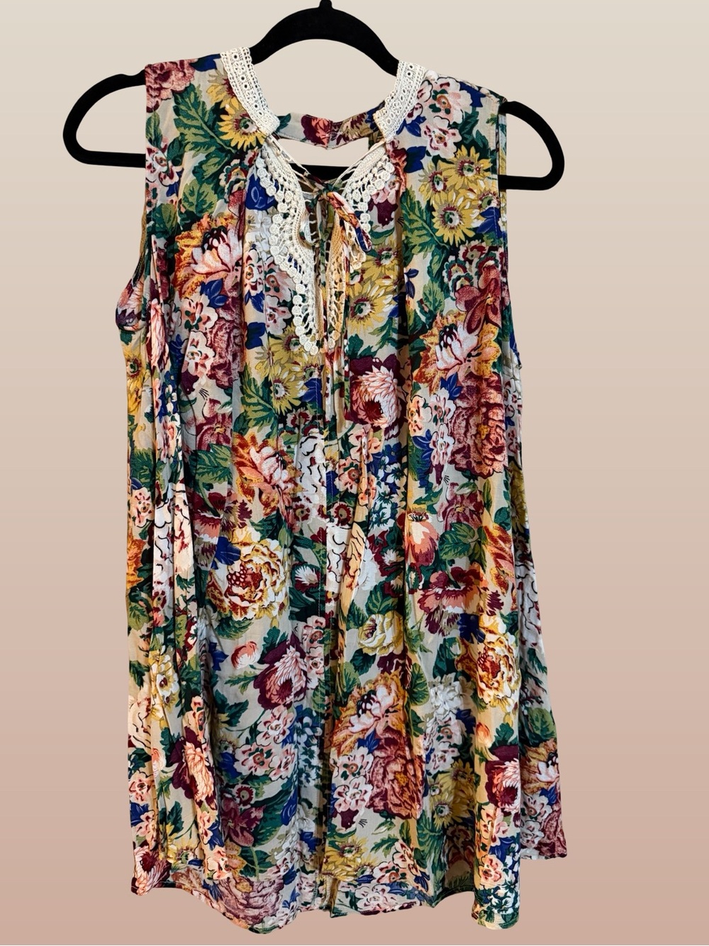 Umgee Floral Crochet-Trim Sleeveless Tunic Dress - Sz Small